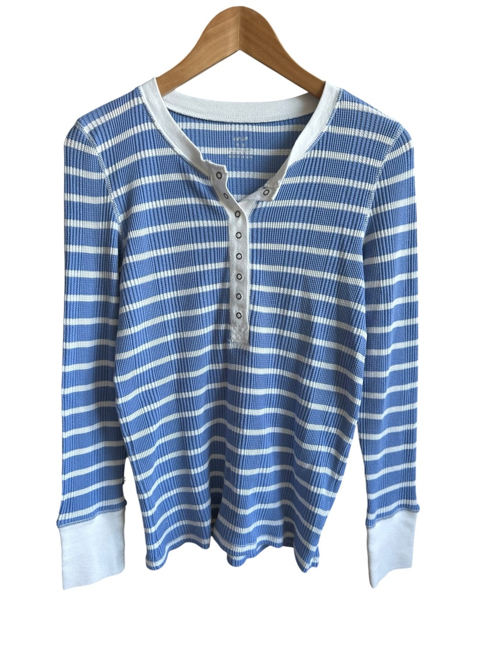 Aerie Henley Waffle Knit Striped Top Size M Blue White Snap Button Coastal